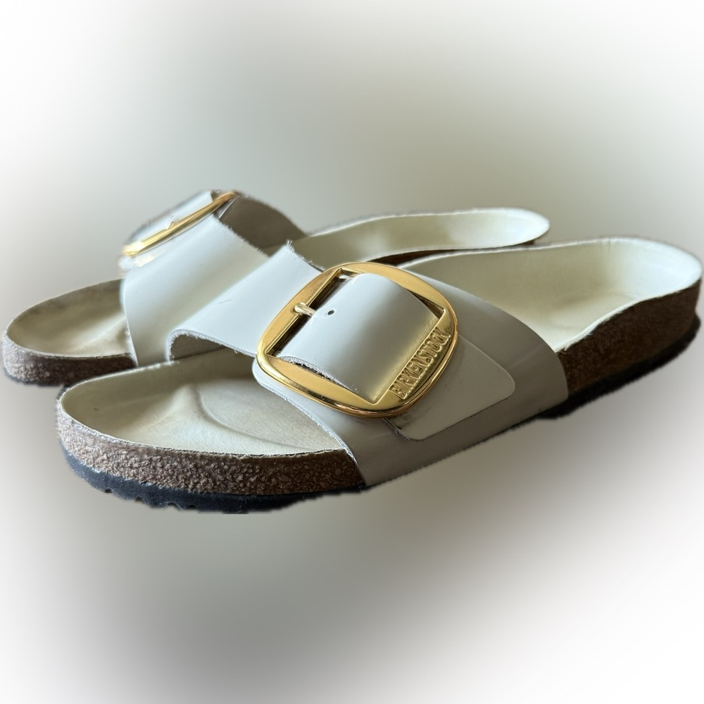 Birkenstock Madrid Women's Cream Sandals with Gold Buckle